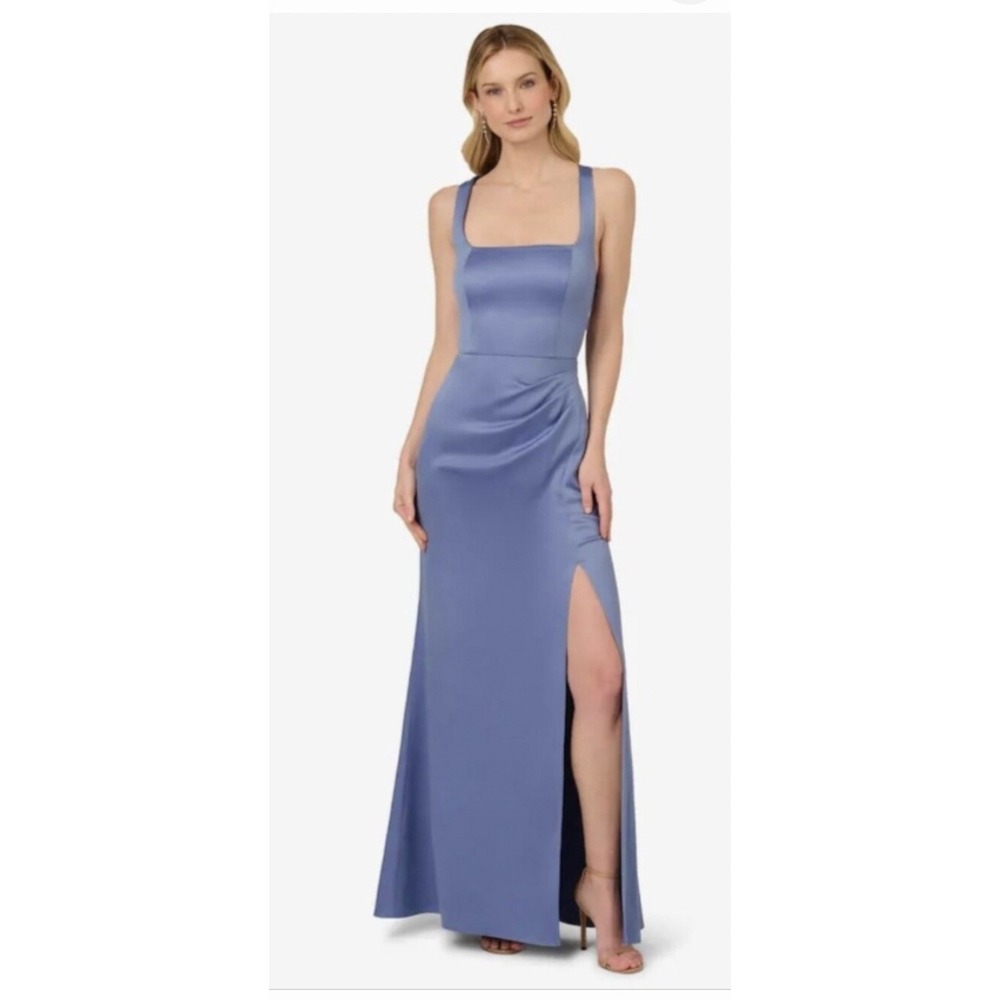 Adrianna Papell Women Gown 16 French Blue Satin Crepe Sleeveless Slit AP1E212124